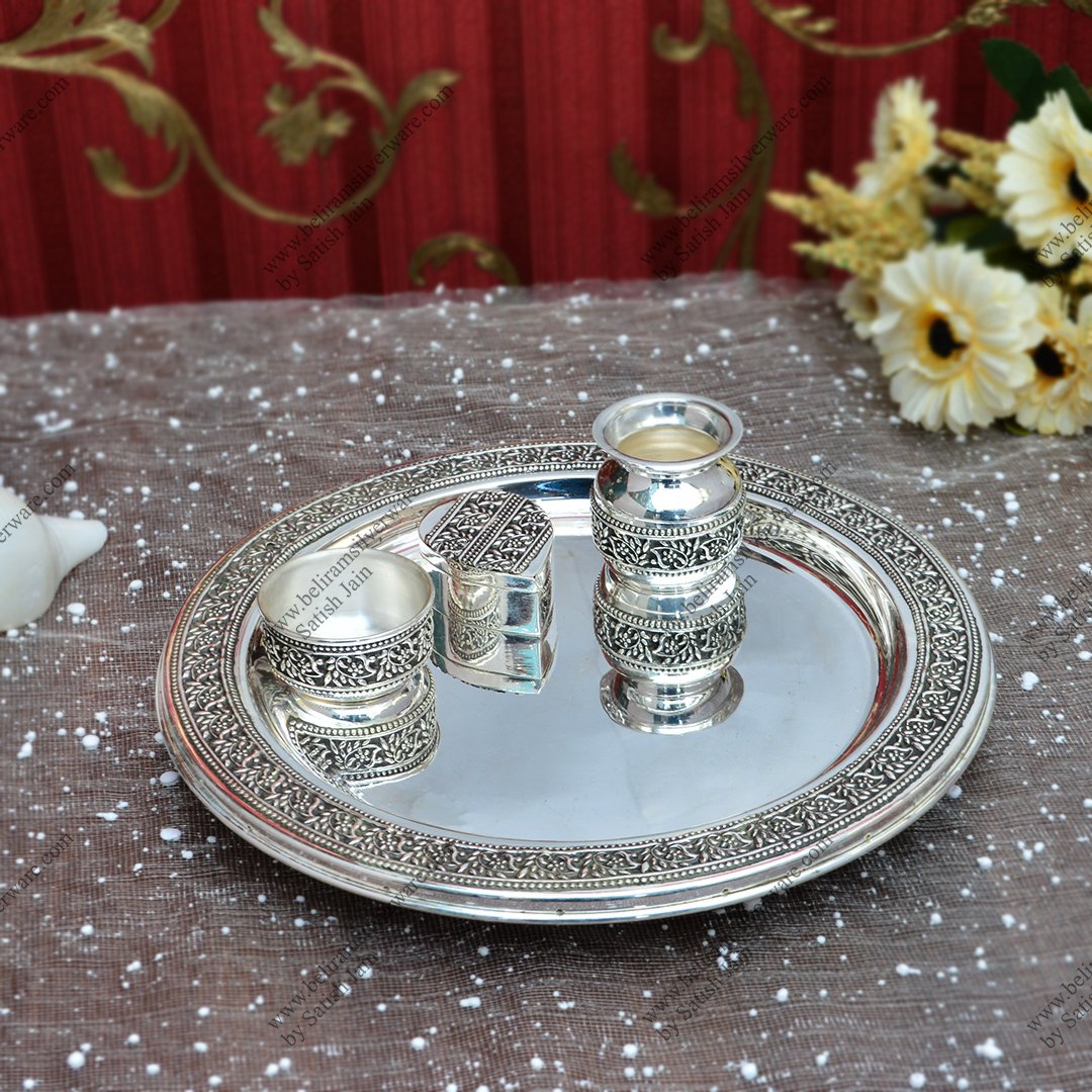 Floral Border Oxidized Silver Pooja Thali Set Beliram Silverware