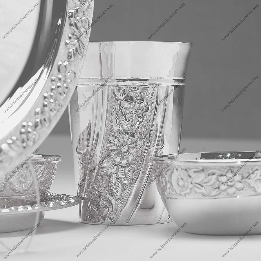 Flower Motif Border Silver Thali Set - Beliram Silverware