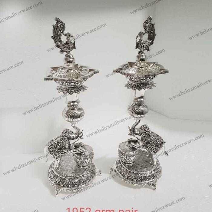 Elephant & Pearched Peacock Nakshi Silver Lamps