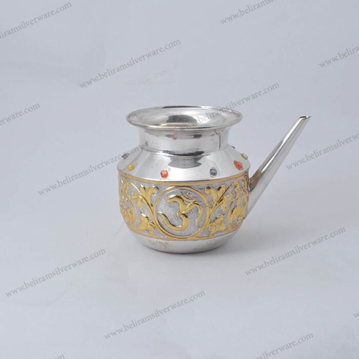 Om & Swastik Silver Lota With Golden Touch & Stones
