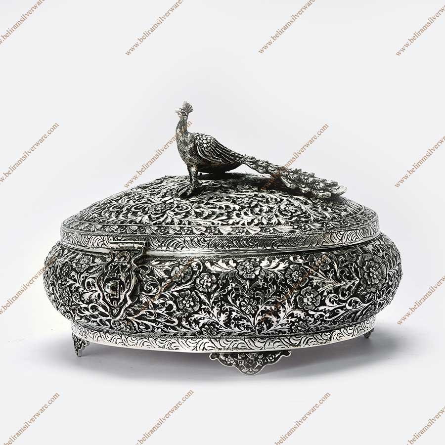 Perched Peacock Round Silver Box