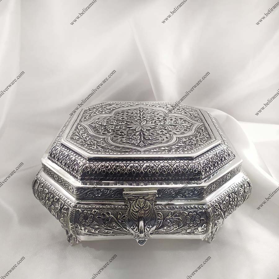 Flower Nakshi Carved Silver Box