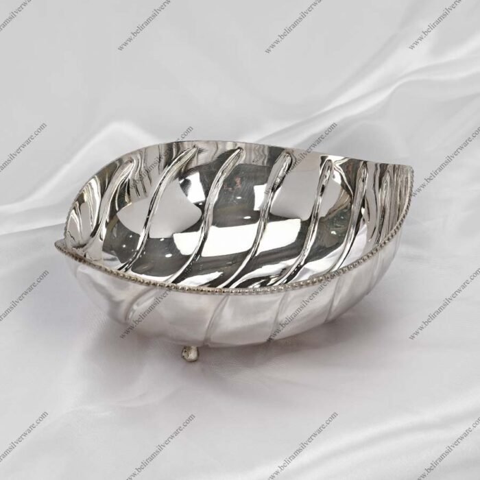 Leaf Design Silver Bowl On Beaded Legs