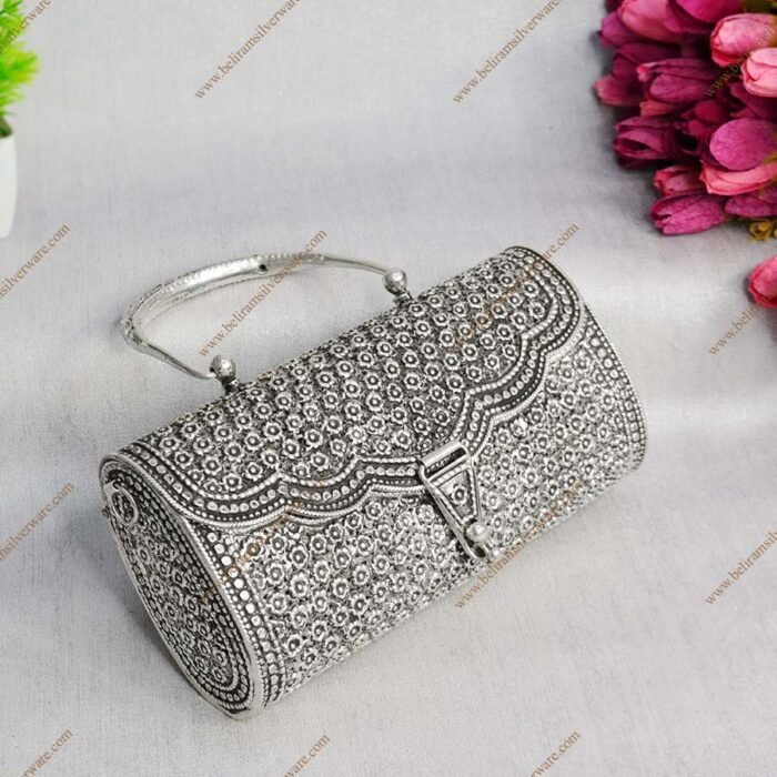 Intricately Carved Flower Oxidized Silver Purse