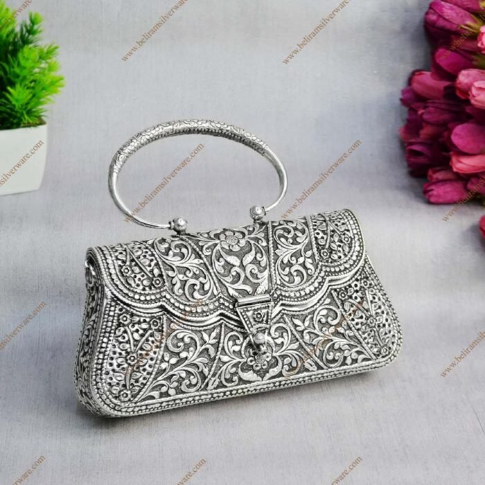 Scalloped Edged Nakshi Carved Silver Clutch