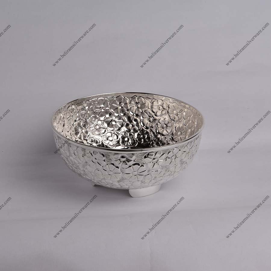 Hammered Flower Design Silver Bowl