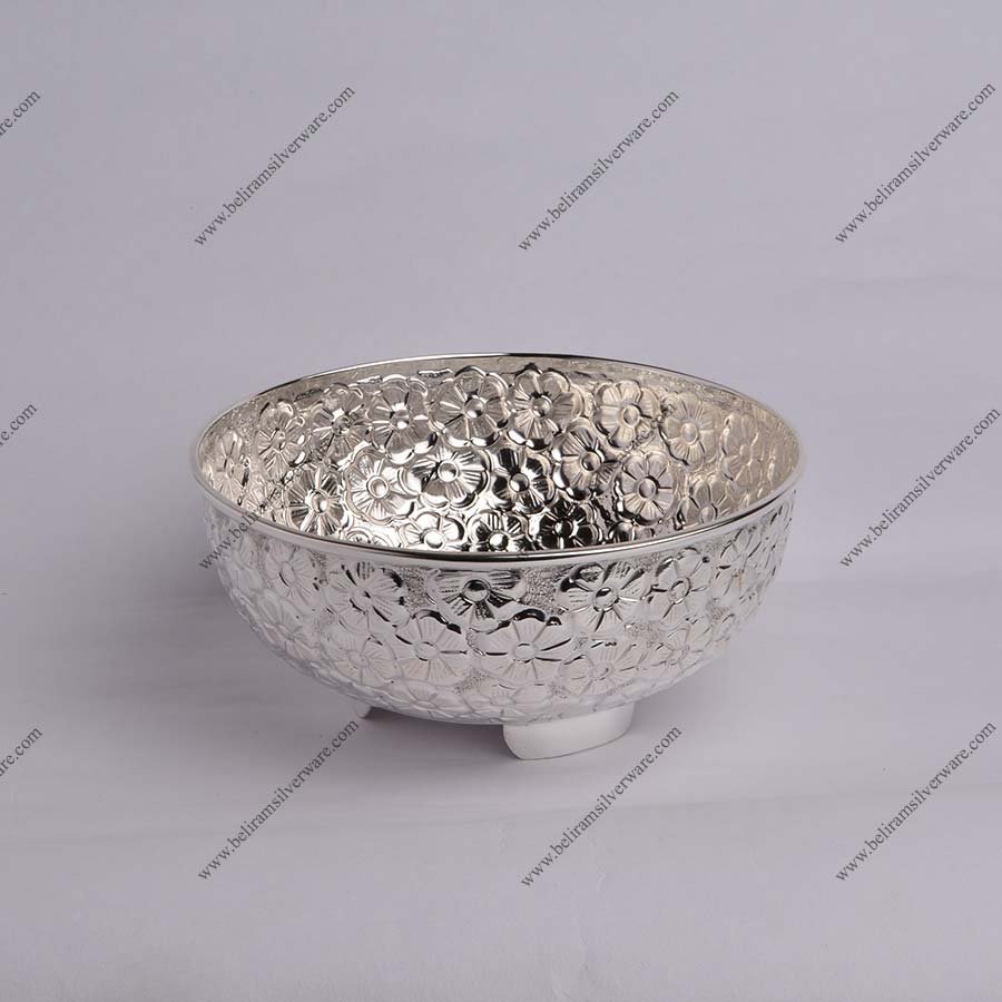 Hammered Flower Design Silver Bowl