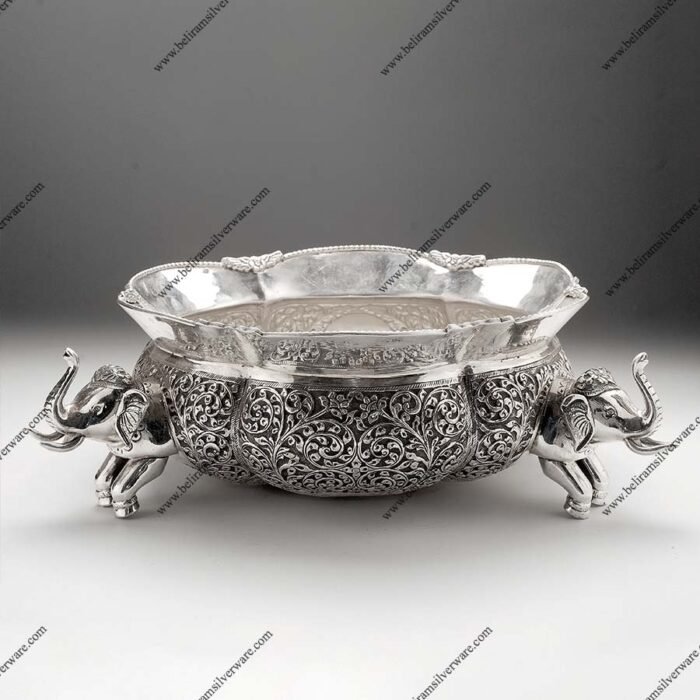 Baroque Silver Urli With 3D Elephant Supports