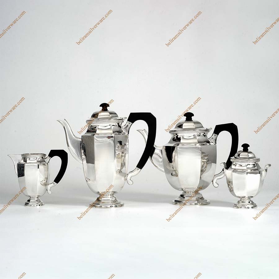 Modish Fluted Designer Pedestal Silver Tea Set