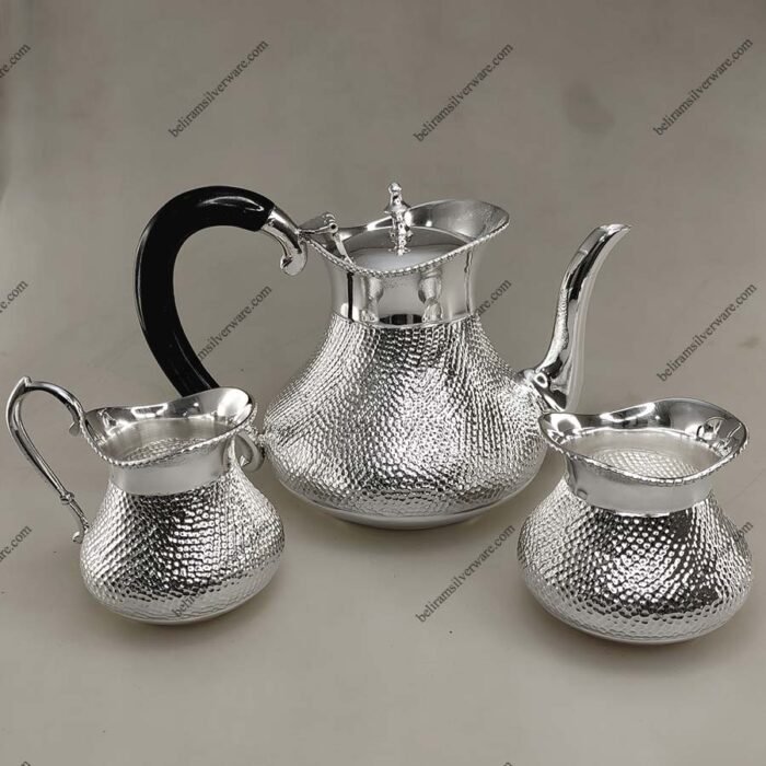 Dot Hammered Wavy Rim Silver Tea Set