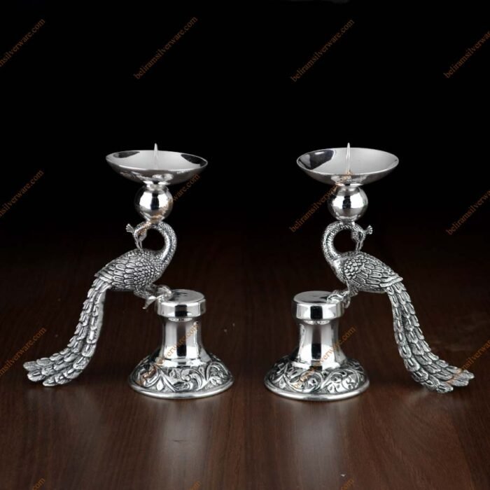 Silver Candle Stand With Perched Peacocks