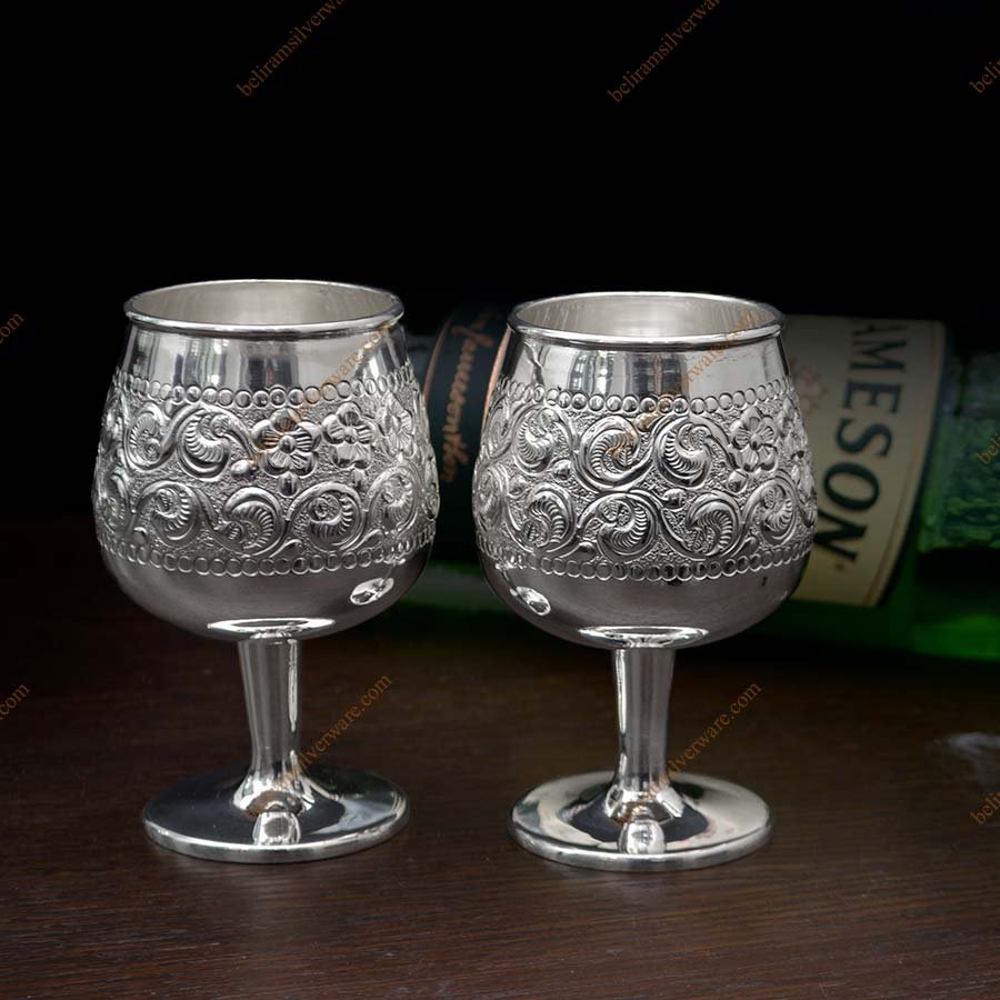 Floral Design Silver Wine Goblet Set