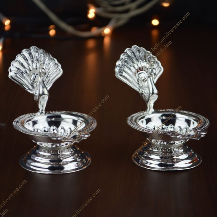 Standing Peacock Small Silver Diya