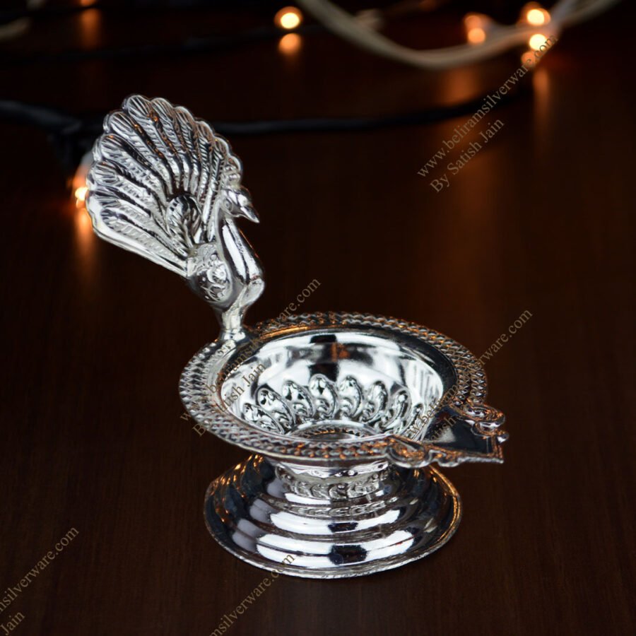 Standing Peacock Small Silver Diya