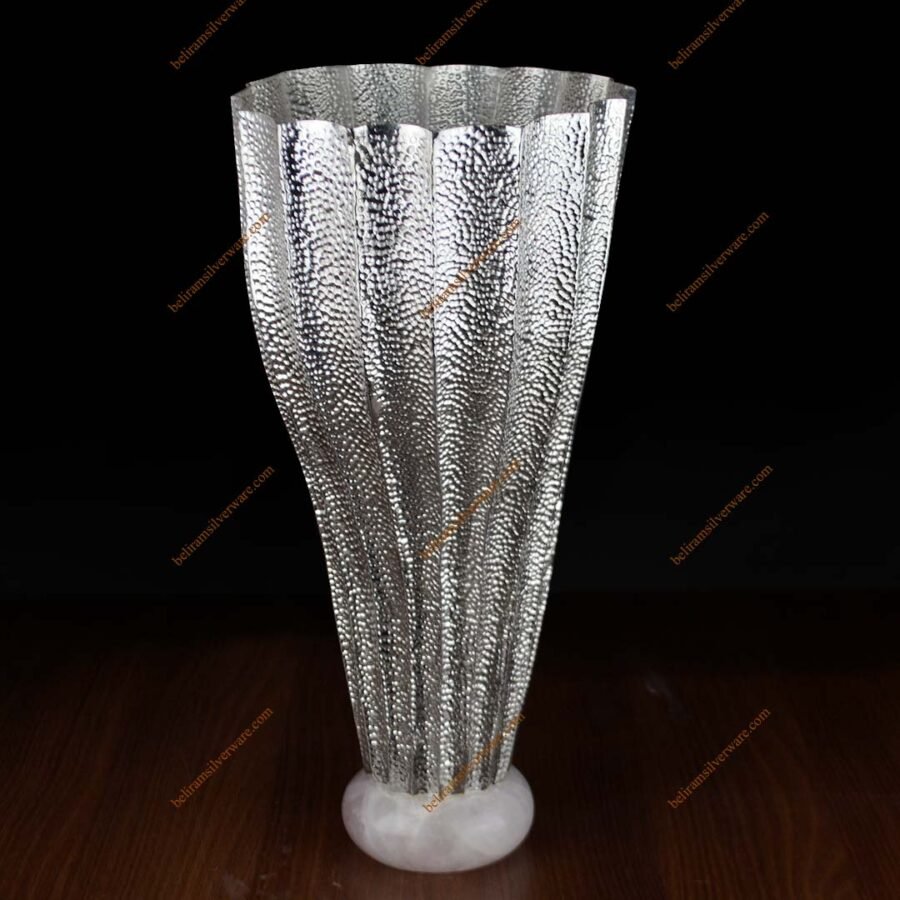 Textured Silver Vase With Marble Base