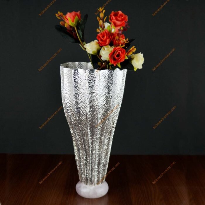 Textured Silver Vase With Marble Base
