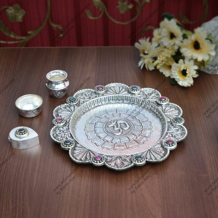 Traditional Om Scalloped Border Silver Pooja Thali