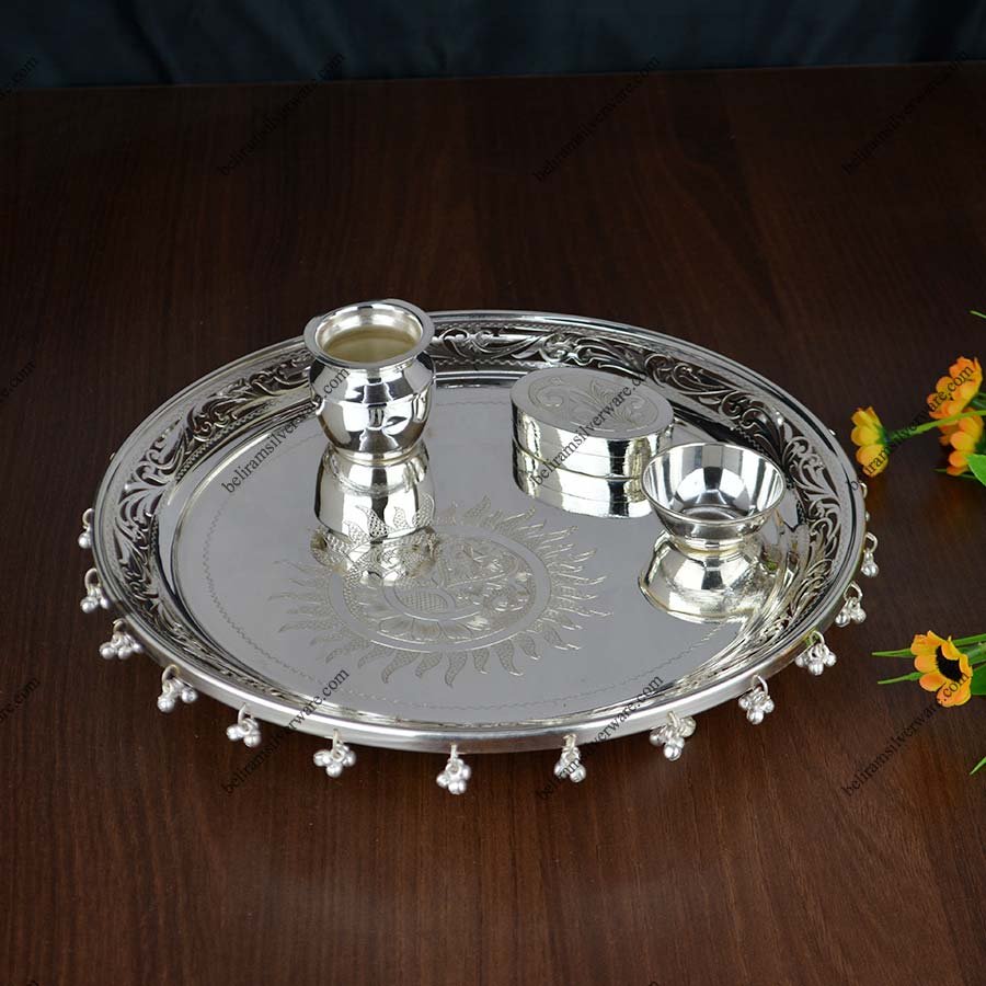 Cutwork Border Ghunghroo Silver Pooja Thali Set – Beliram Silverware