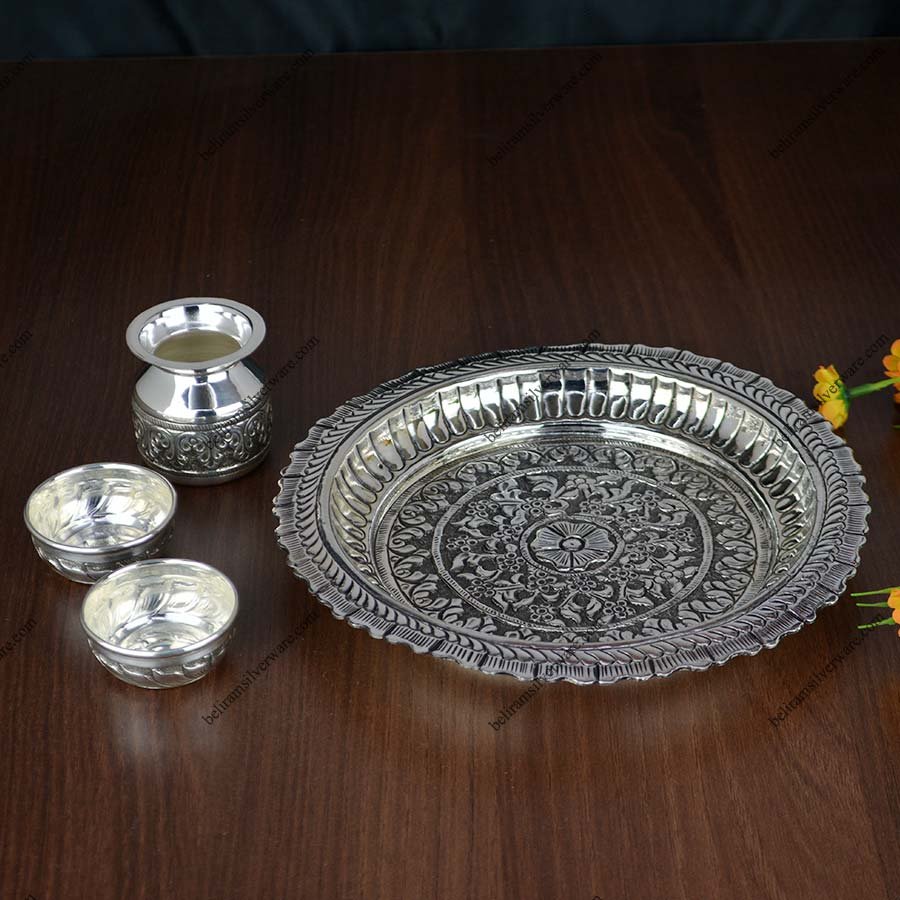 Oxidized Nakshi Engraving Silver Pooja Thali Set - Beliram Silverware