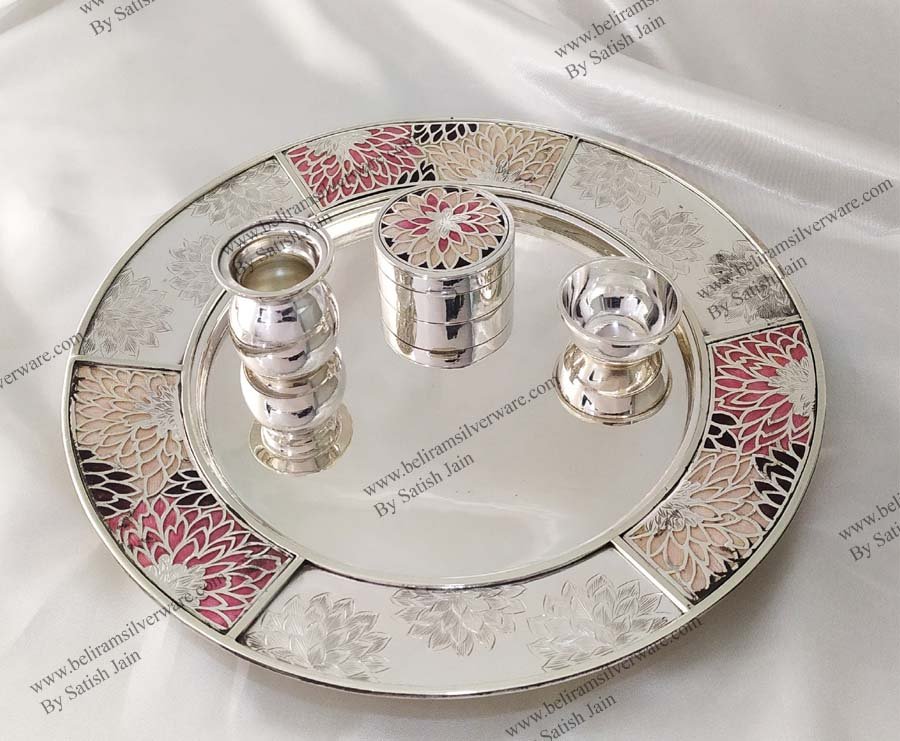 Modish Floral Colored Pure Silver Aarti Thali Set • Beliram Silverware