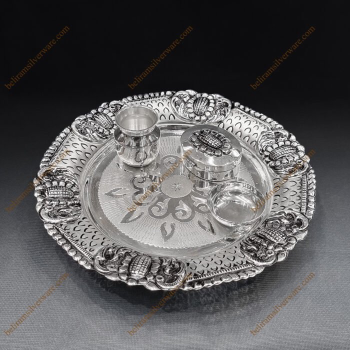 Traditional Nakshi Cutwork Flower Motifs Silver Pooja Thali