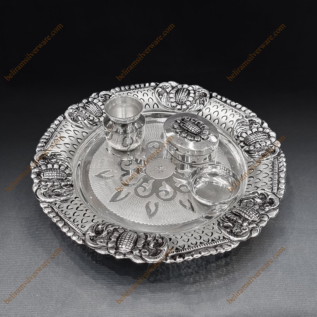 Traditional Nakshi Cutwork Flower Motifs Silver Pooja Thali - Beliram ...