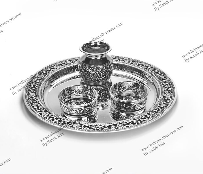 Acanthus Border Oxidized Silver Pooja Thali Set