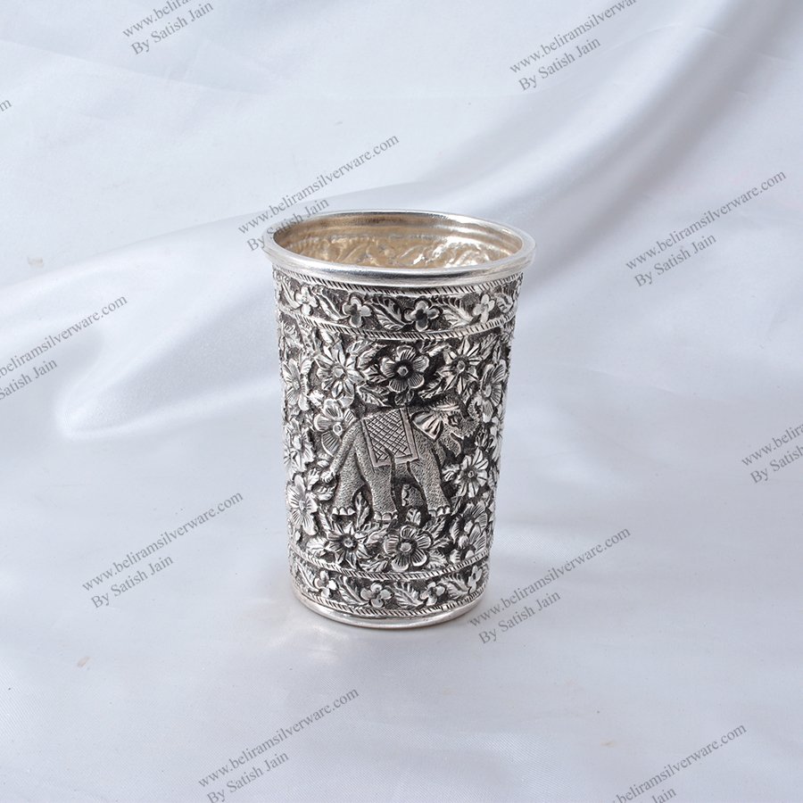 Elephant Carvings Nakshi Design Oxidised Silver Glass
